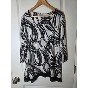 JM COLLECTION Black White Gold Accents Slinky Knit Tunic Stretch Top SZ XL